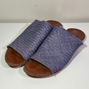 CYDWOQ Vintage Blue Woven Leather Slip On Slides Mules Sandals Size 39 Handmade